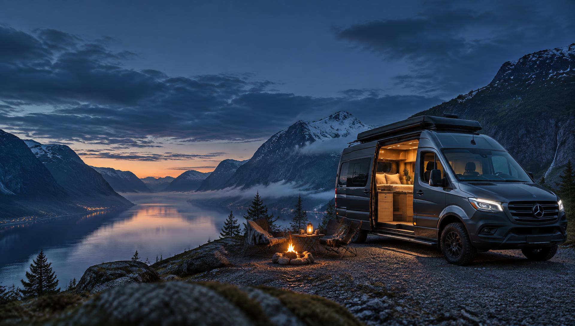 Luxury campervan overlooking a Scandinavian fjord at dusk