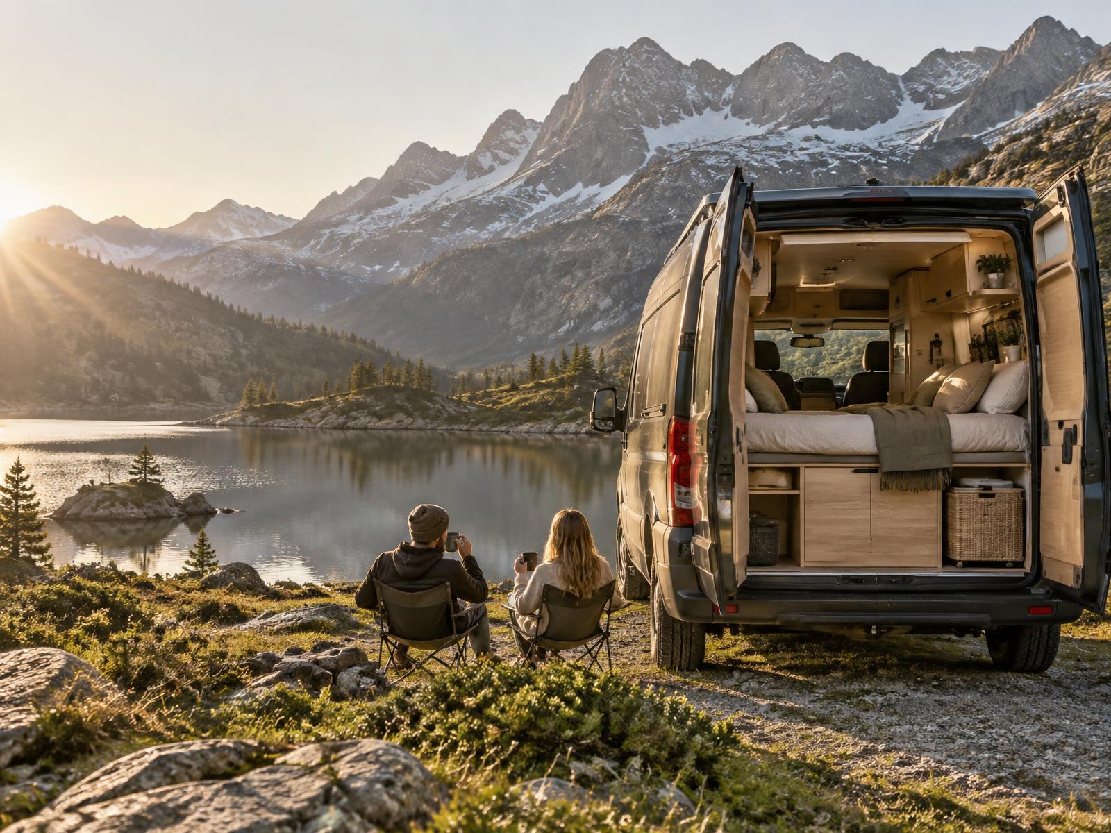 Campervan travelers enjoying an alpine lake